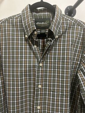 Eddie Bauer Olive and Brown Plaid Button-Down Shirt